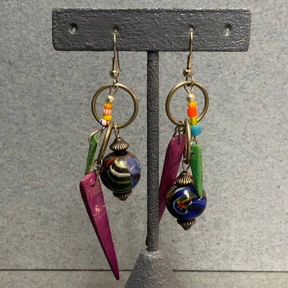 Asymmetrical Dangle Pierced Earrings Silver Green Purple Blue Orange Yellow Red - Picture 1 of 4